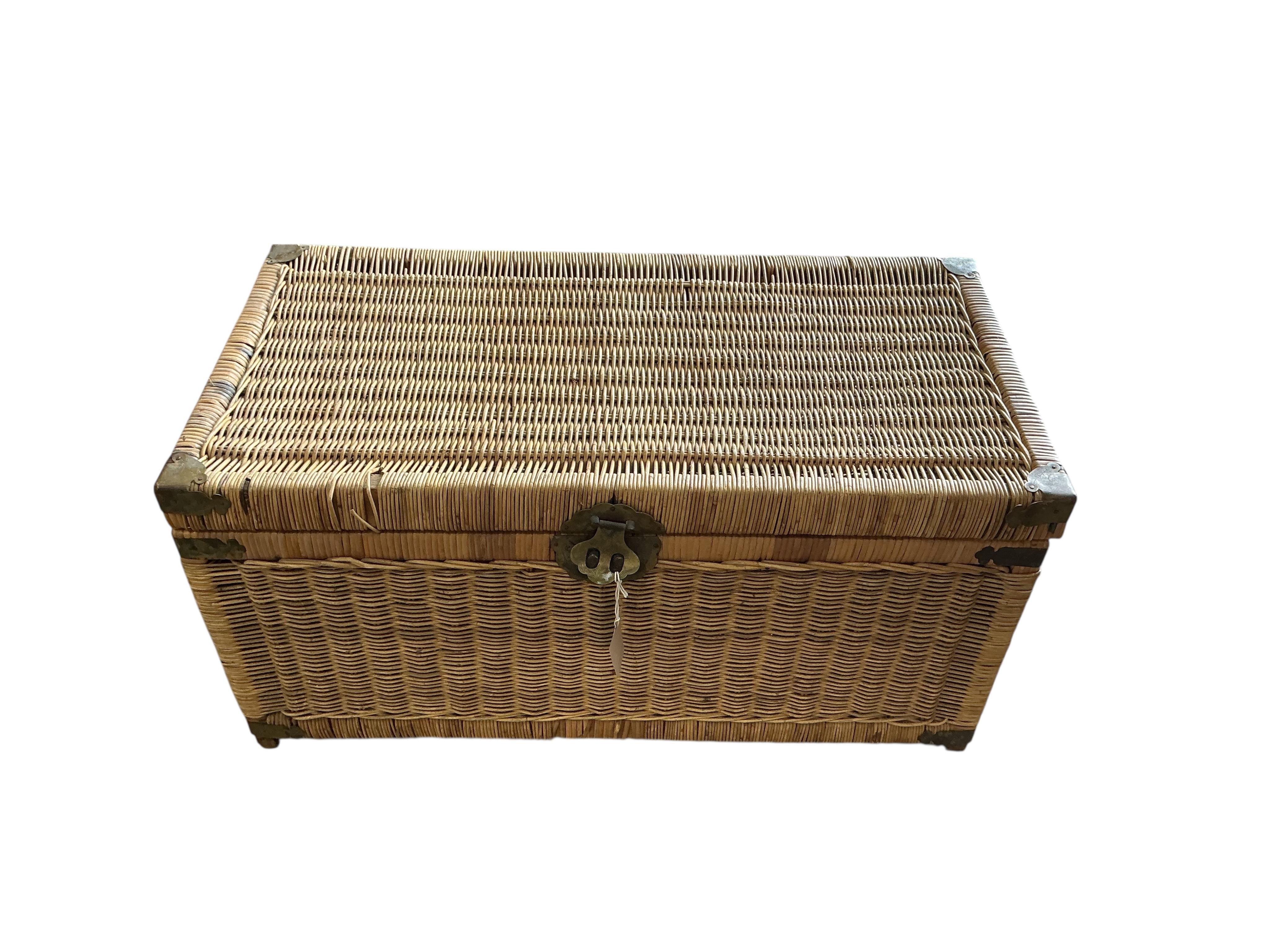 A Victorian rectgangular pine trunk, width 94cm, depth 50cm, height 47cm together with a later smaller Chinese rattan trunk